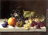 Famous Grapes Paintings - Grapes Plums Etc. On A Marble Ledge